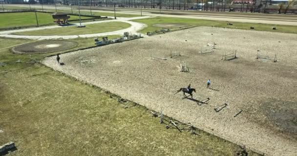 Luftaufnahme Auf Dem Hippodrom Mit Pferd Menschen Und Schatten — Stockvideo