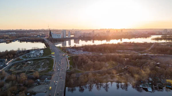 Distretto Obolon Fiume Dnipro Tramonto Kiev Ucraina — Foto Stock