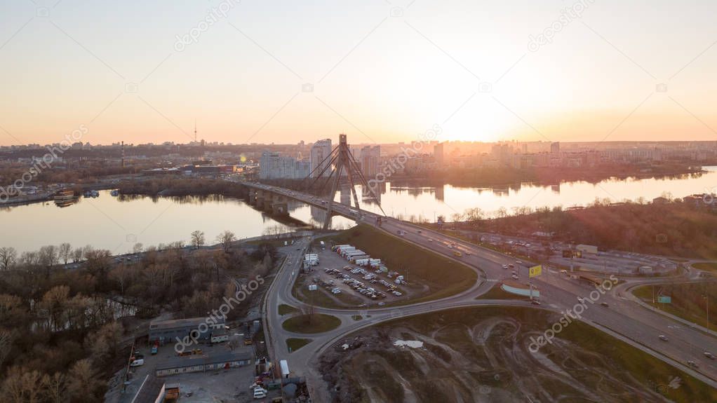 Obolon district and Dnipro River at sunset, Kyiv, Ukraine