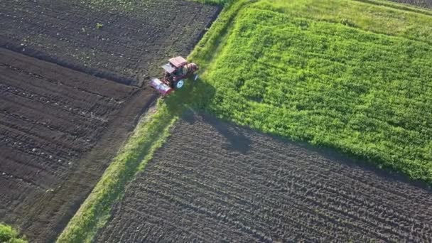 Panoramic View Plowing Ground Harvesting Field Summer Time Aerial Top — Stock Video