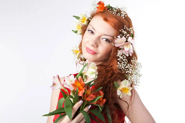 Portret Pięknej Kobiety Wiosennych Kwiatów — Zdjęcie stockowe
