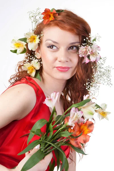 Portrait Belle Femme Aux Fleurs Printanières — Photo