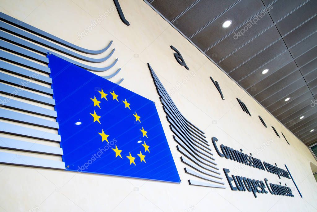 Brussels, Belgium- 24 February, 2014 : Logo of the European Commission building in Brussels.