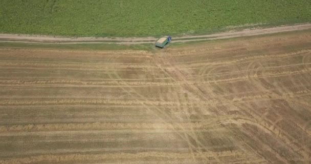 Panoramic View Plowing Ground Harvesting Field Summer Time Aerial Top — Stock Video