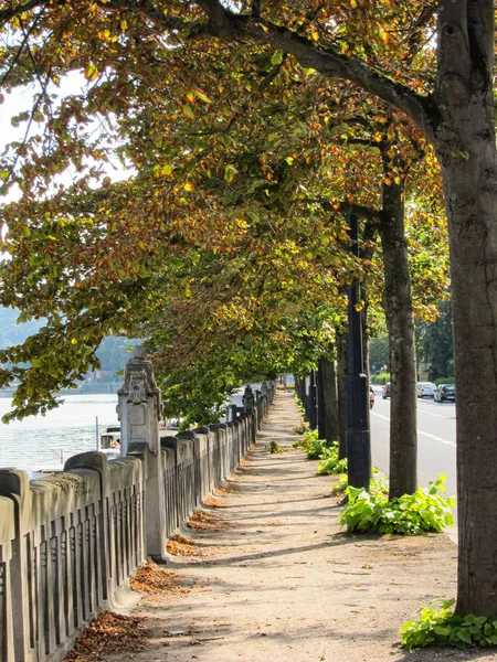 Paesaggio Autunnale Con Passeggiata Lungo Fiume Con Recinzione Pietra Alberi — Foto Stock