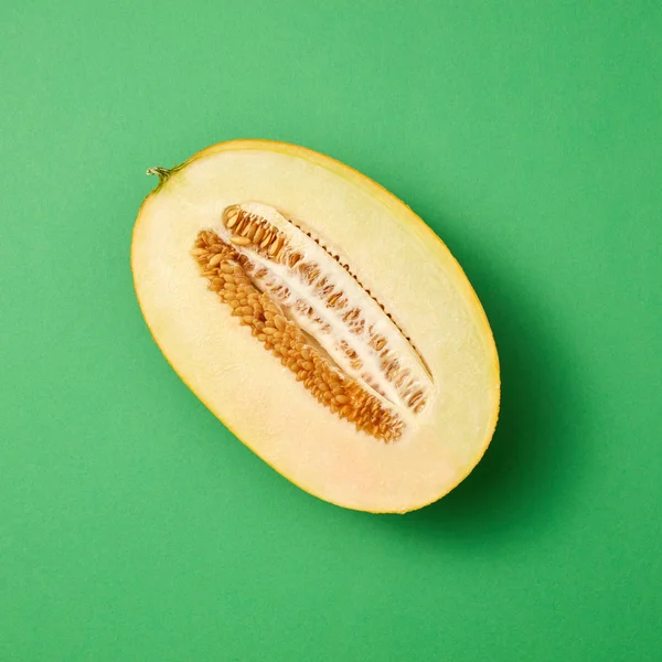 Freshly Picked Ripe Fresh Melon Fruit Cut Sea Green Background — 스톡 사진