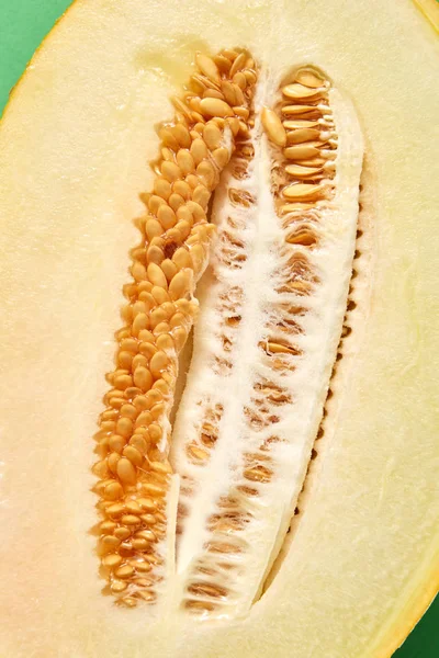 Fresh Ripe Organic Melon Cut Half Seeds Close Background Top — ストック写真