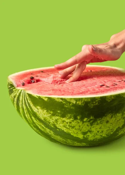 Kvinnans Fingrar Vidrör Inuti Organiska Mogna Färska Vattenmelon Puré Gräsmatta — Stockfoto