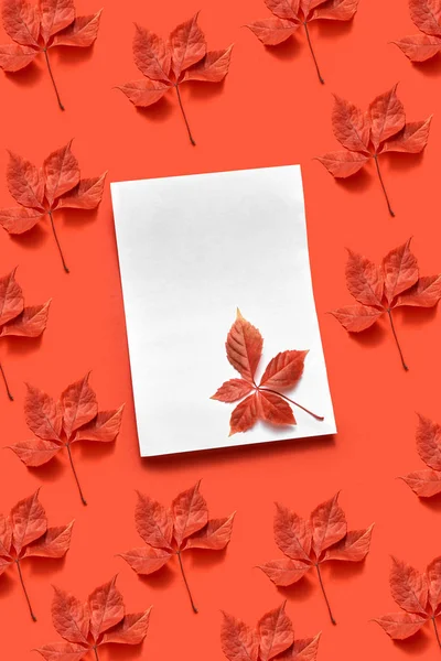 Cartolina Auguri Autunnale Con Carta Bianca Bianca Bianca Foglie Uva — Foto Stock