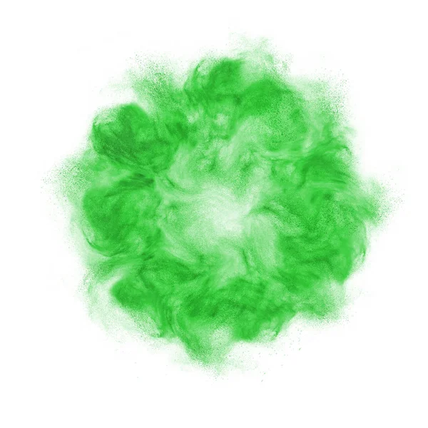绿色粉末爆炸形状圆形框架在白色背景与复制空间 彩色灰尘云摘要 — 图库照片