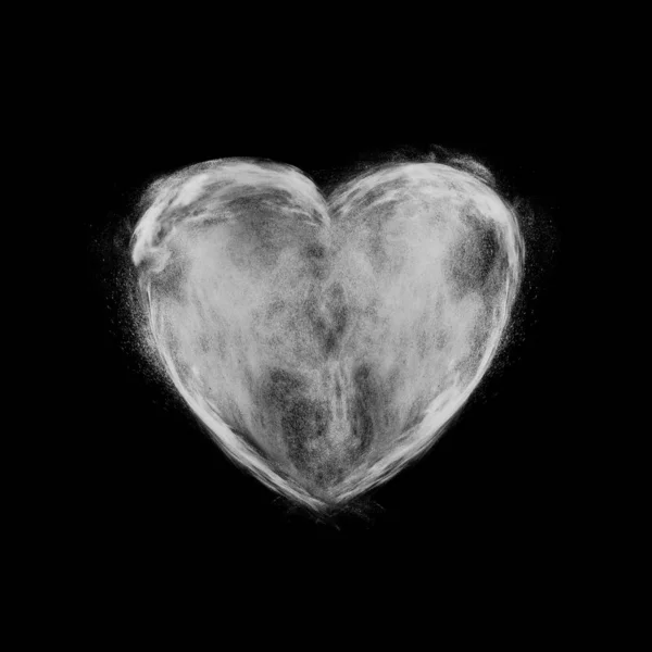 White Abstract Powder Explosion Shape Heart Black Background Copy Space — ストック写真