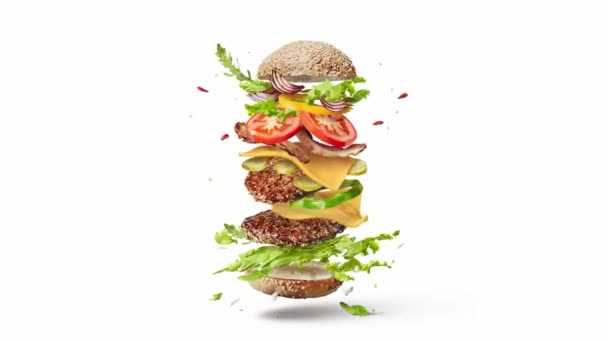 Cheeseburger Zutaten Hamburger Oder Sandwich Mit Käse Tomaten Rindfleisch Video — Stockvideo