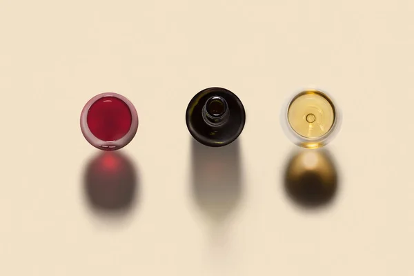 Bovenaanzicht Alcoholdrinkset Met Twee Glazen Rode Witte Wijn Geopende Fles — Stockfoto
