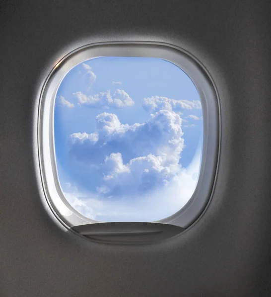 Lighted Cloudy Clear Sky View Aircraft Window Copy Space Travel — Stock Photo, Image