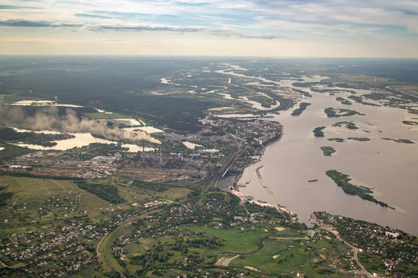 Vue Panoramique Depuis Drone Paysage Avec Infrastructure Campagne Medows Rivière Images De Stock Libres De Droits