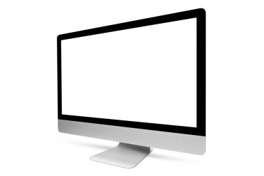 İş için boş maket ekranı olan bilgisayar monitörü ve kopyalama alanı olan beyaz bir arkaplanda oyunlar oyna.