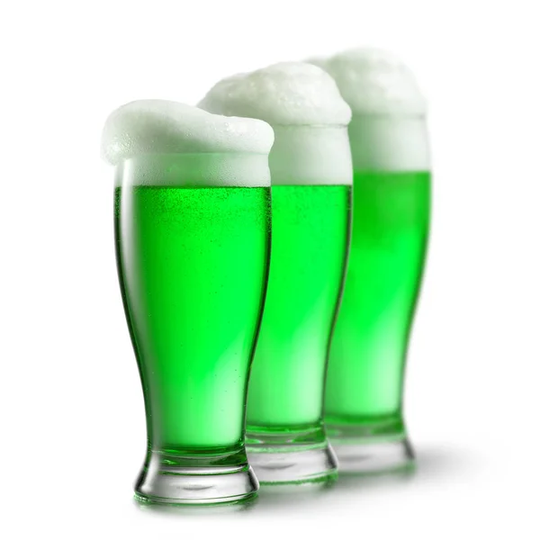 Tres Vasos Bebida Alcohólica Verde Con Espuma Gruesa Sobre Fondo —  Fotos de Stock