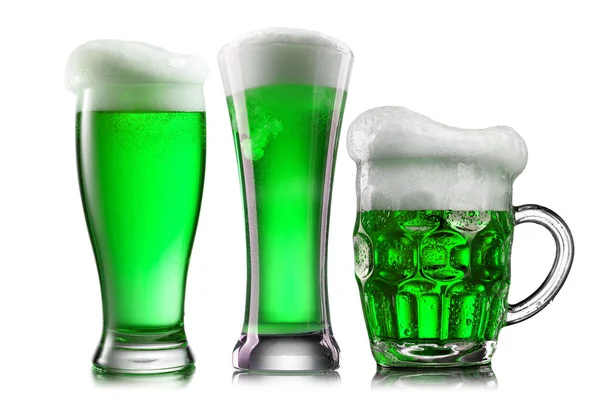 Three Glasses Different Shapes Filled Fresh Natural Green Alcoholic Beer — Stock Photo, Image