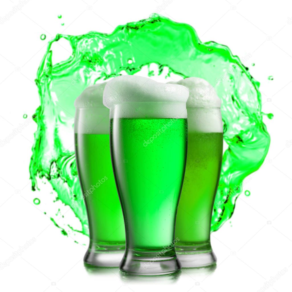Creative composition with three big glasses of fresh green beer alcoholic drink on a white background with round green splash behind, place for text. Happy St.Patrick 's Day concept.