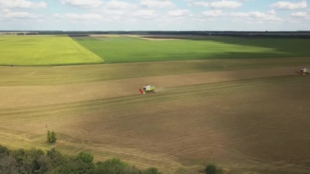 Panoramic View Plowing Ground Harvesting Field Summer Time Aerial Top — Stock Video