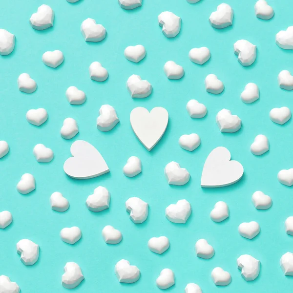 Decorative Pattern Small White Plaster Hearts Pastel Turquoise Background Valentine — 스톡 사진