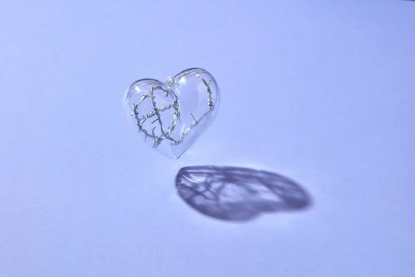 Прозрачное Пластиковое Сердце Проволокой Внутри Летящее Над Светлым Лавандовым Фоном — стоковое фото