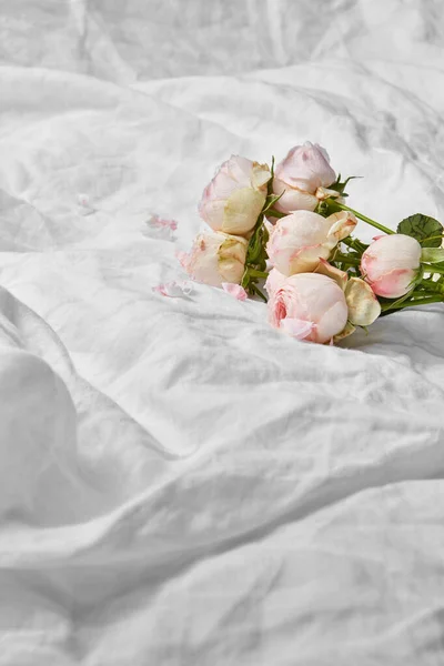 Поздравительная Открытка Букетом Нежных Розовых Цветов Роз Измятом Белом Хлопковом — стоковое фото