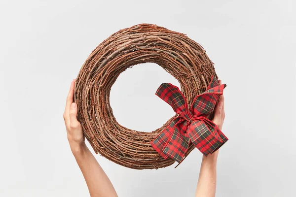 Woman Hands Hold Handmade Wreath Dry Twigs Big Textile Bow — Stock Photo, Image