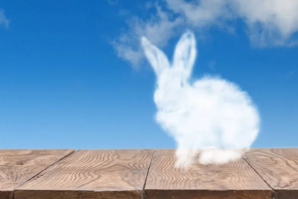 Greeting Card Easter Rabbit Shape Cloud Wooden Table Cloudy Sky — Stock Photo, Image