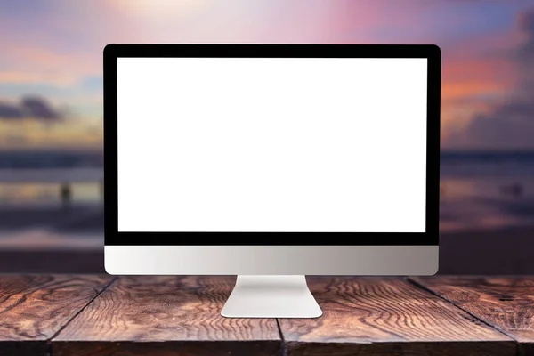 Empty White Mock Computer Display Wooden Table Blurred Sea Sunset — Stock Photo, Image