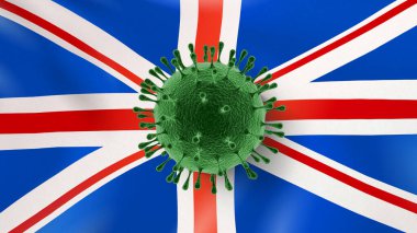 İngiliz bayrağının arka planında Coronavirus molekülü modeli. Coronavirus 'un hızla yayılması, Covid 19' un dünyaya yayılması. Küresel felaket. Karantina konsepti.