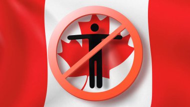 Warning sign with crossed out man on the background of Canadian flag. Restriction of entry into Canada. Coronavirus, Covid 19 pandemic, Quarantine concept. clipart