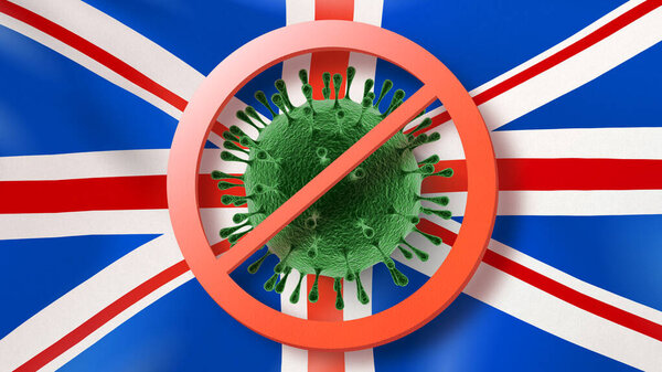 Forbbiden sign with crossed out Coronavirus bacteria on the background of British flag. Rapid spread of Coronavirus, Covid 19 in the world. Global calamity. Quarantine concept.