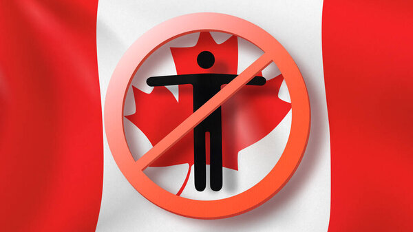 Warning sign with crossed out man on the background of Canadian flag. Restriction of entry into Canada. Coronavirus, Covid 19 pandemic, Quarantine concept.
