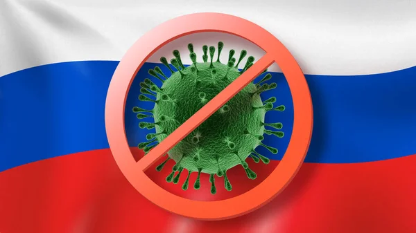 Warnschild Mit Durchgestrichenen Coronavirus Bakterien Auf Dem Hintergrund Der Russischen — Stockfoto