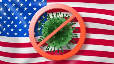 Amerikan bayrağının arka planında Coronavirus molekülünü karalayan forbbiye işareti. Coronavirus 'un hızla yayılması, Covid 19' un dünyaya yayılması. Küresel felaket. Karantina konsepti.