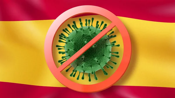 Verbod Bord Met Doorgestreepte Coronavirus Bacteriën Achtergrond Van Spaanse Vlag — Stockfoto