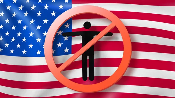 Prohibition sign with crossed out man on the background of American flag. Restriction of entry into the USA. Coronavirus, Covid 19 pandemic, Quarantine concept.