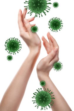 Beyaz arka planda Coronavirus moleküllerinin uçan modelleri olan kadın elleri, kopyalama uzayı. Coronavirus, Covid-19 salgını sırasında düzenli el yıkama kavramı önleyici bir yöntemdir..