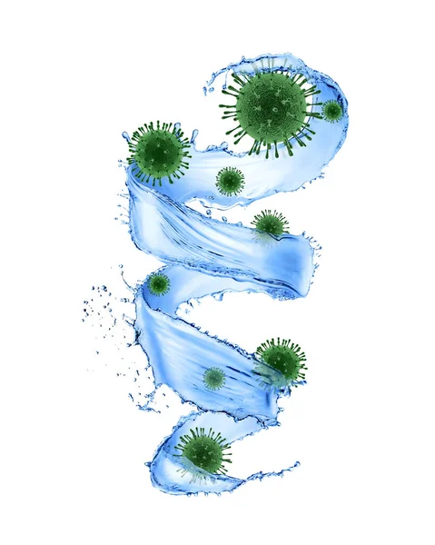 Létající Voda Stříkání Modely Molekul Coronavirus Bílém Pozadí Kopírovat Prostor — Stock fotografie