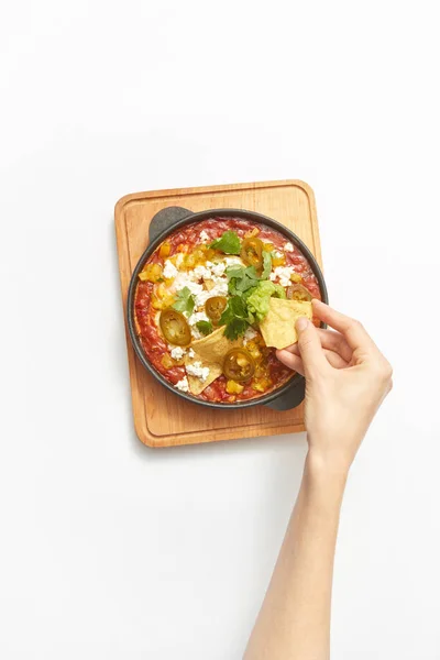 Taze Pişirilmiş Geleneksel Shakshuka Domatesli Biberli Sebzeli Tavada Pişmiş Yumurta — Stok fotoğraf