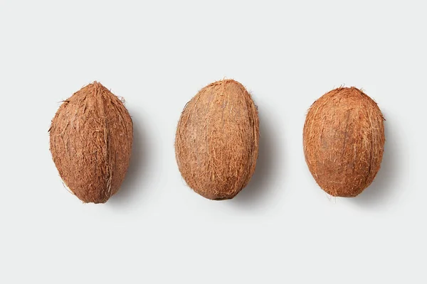 コピースペースのある白い背景に熟した新鮮な全体のココナッツから設定された果物 ベジタリアンフードコンセプト — ストック写真