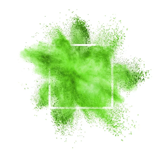 绿色灰尘或粉末在白色背景的正方形框架内爆炸 复制空间 — 图库照片