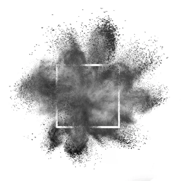 Abstract Dark Gray Powder Splash Explosion Square Frame White Background — Stock Photo, Image
