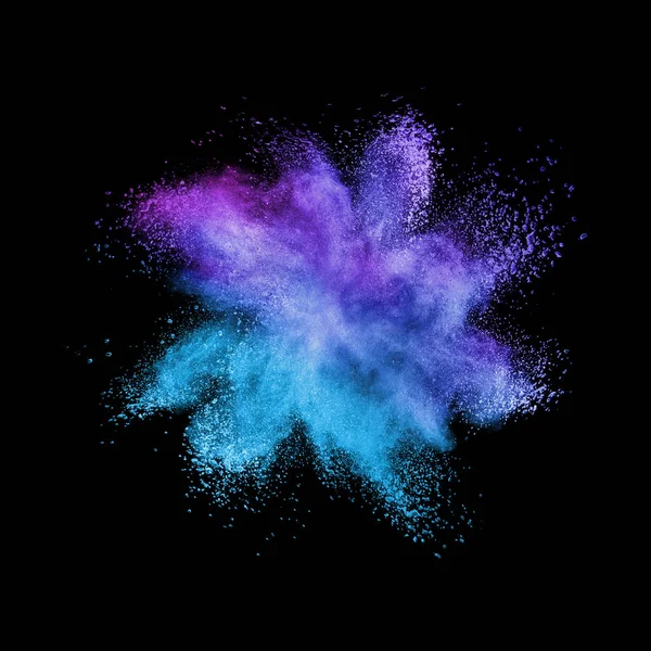 Decoratieve Abstracte Poederuitbarsting Explosie Blauwe Violette Kleuren Een Zwarte Achtergrond — Stockfoto