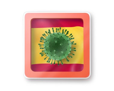 Beyaz arka planda İspanyol bayrağı üzerinde Coronavirus bakterisi modeli olan uyarı işareti, kopyalama alanı. Coronavirus 'un hızla yayılması, Covid 19' un dünyaya yayılması. 3B illüstrasyon