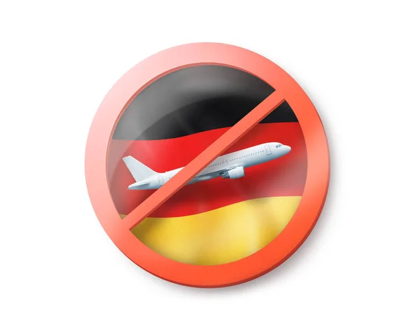 白い背景にドイツの旗の上に白い飛行機が交差して禁止されている記号 コピースペース ドイツへの入国制限 隔離の概念 3Dイラスト — ストック写真