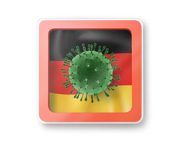 Warnschild Mit Modell Des Coronavirus Moleküls Auf Der Deutschen Flagge — Stockfoto