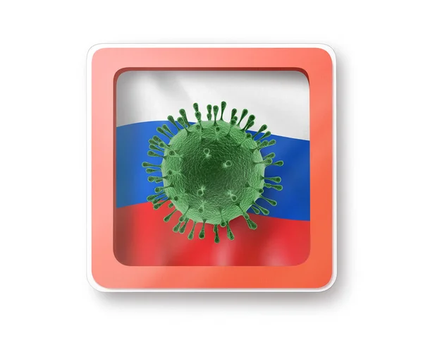 Warnschild Mit Modell Des Coronavirus Moleküls Auf Der Russischen Flagge — Stockfoto