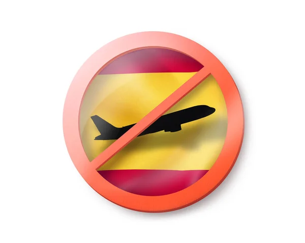 禁飞标志在西班牙国旗的白色背景上划掉了白色的飞机 复制空间 对进入西班牙的限制 隔离的概念 3D插图 — 图库照片